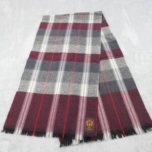 Vintage Wool Plaid Scarf 50 x 12 Purple Gray Short Fringe Made in Canada Classic